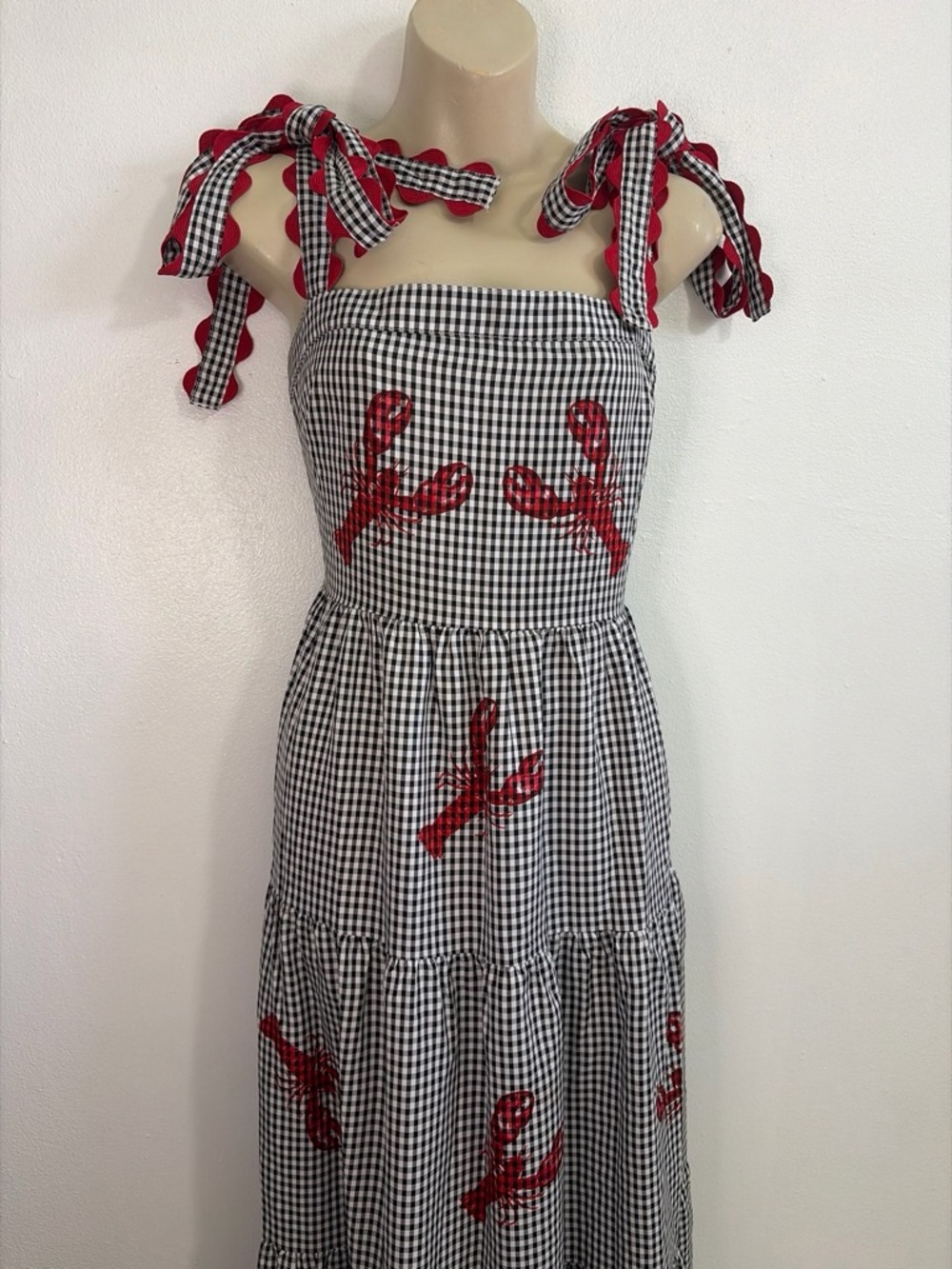 Rareraw Gingham Lobster Embroidered Tie Strap Midi Dress Size L